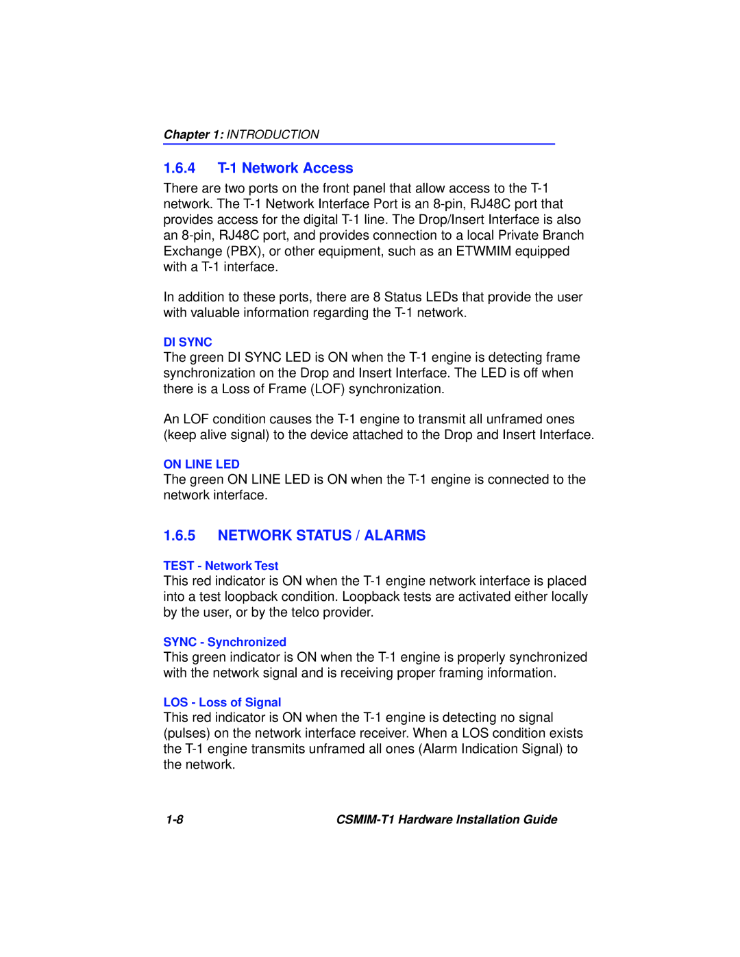 Cabletron Systems CSMIM-T1 manual 4 T-1 Network Access, Network Status / Alarms 