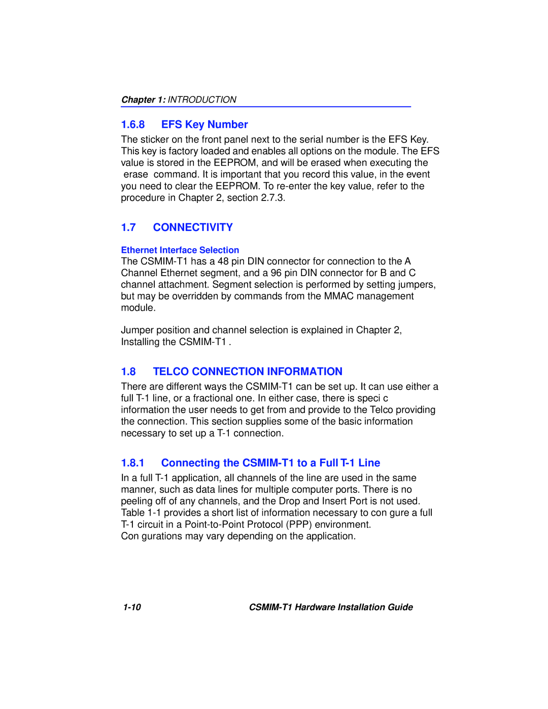 Cabletron Systems CSMIM-T1 manual EFS Key Number, Connectivity, Telco Connection Information 