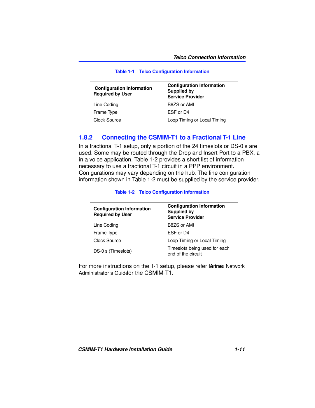 Cabletron Systems manual Connecting the CSMIM-T1 to a Fractional T-1 Line, Telco Connection Information 