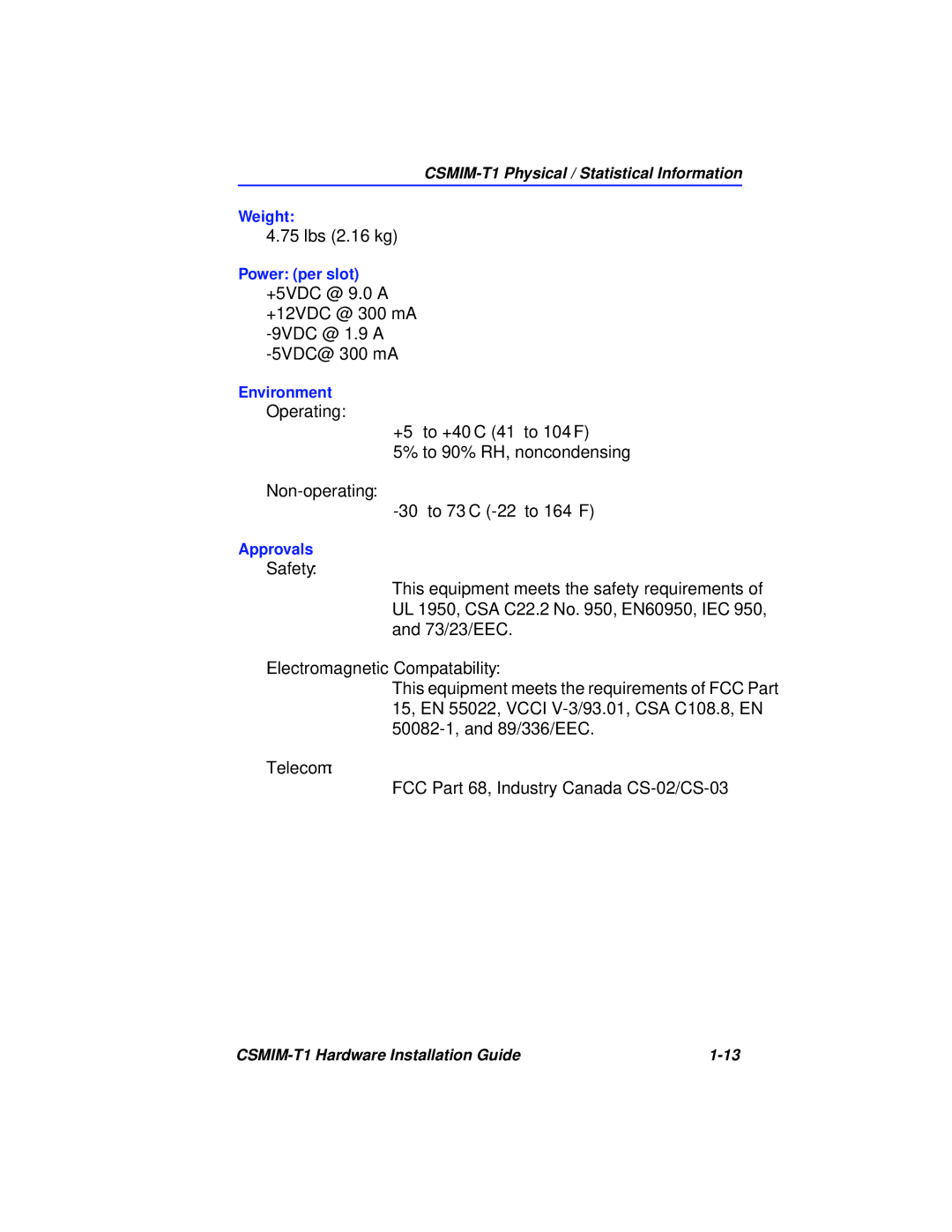 Cabletron Systems CSMIM-T1 manual Operating, Non-operating, Safety, Electromagnetic Compatability, Telecom 