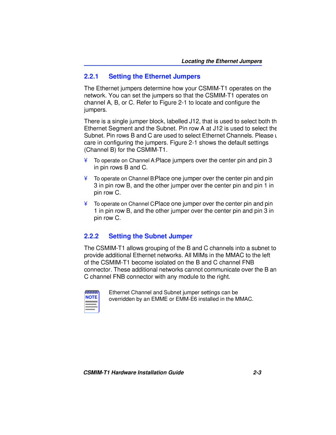 Cabletron Systems CSMIM-T1 manual Setting the Ethernet Jumpers, Setting the Subnet Jumper 