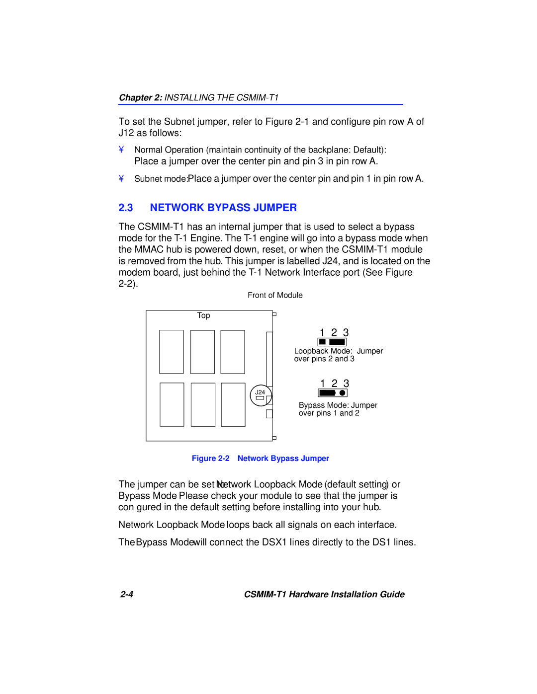 Cabletron Systems CSMIM-T1 manual Network Bypass Jumper 