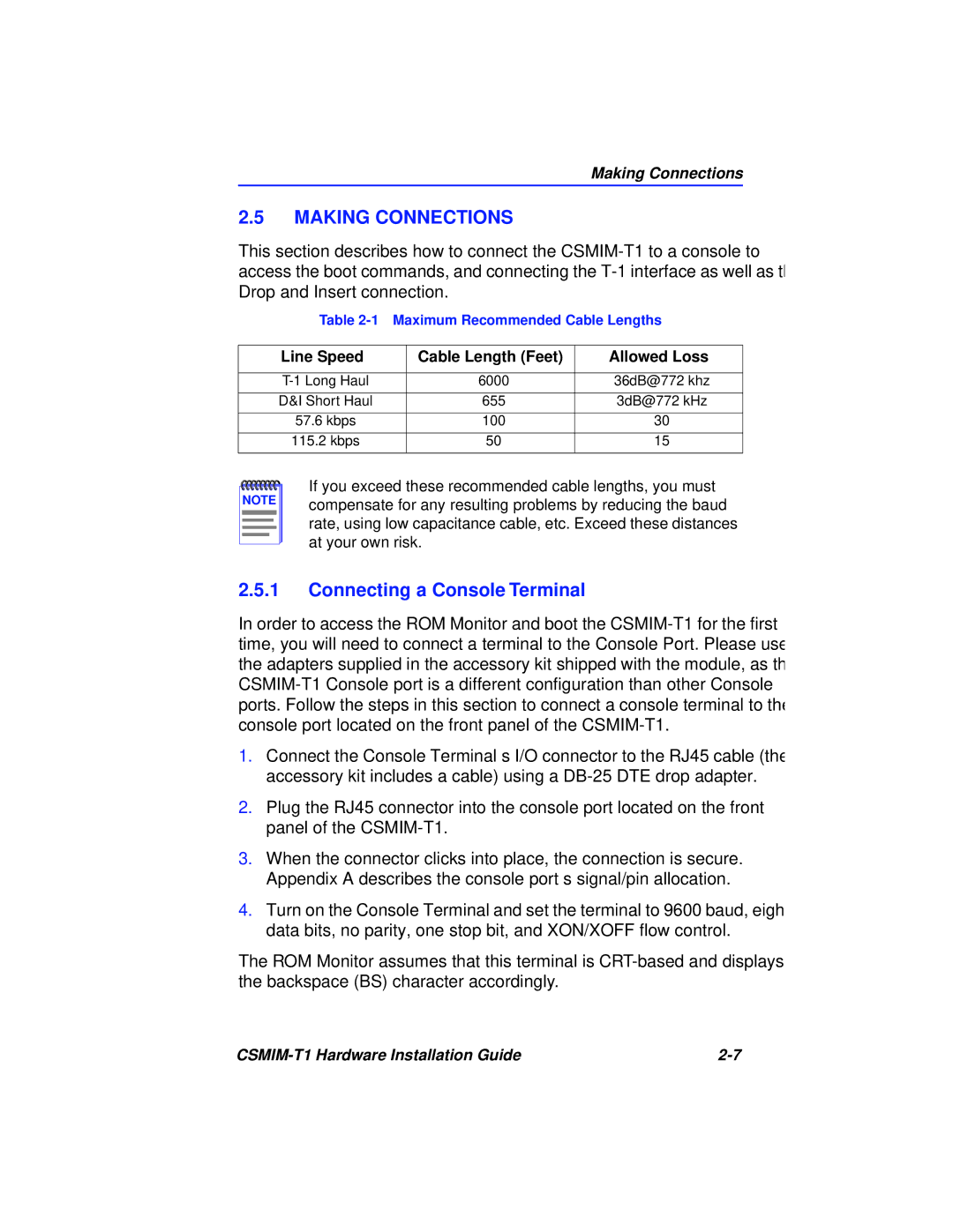 Cabletron Systems CSMIM-T1 Making Connections, Connecting a Console Terminal, Line Speed Cable Length Feet Allowed Loss 