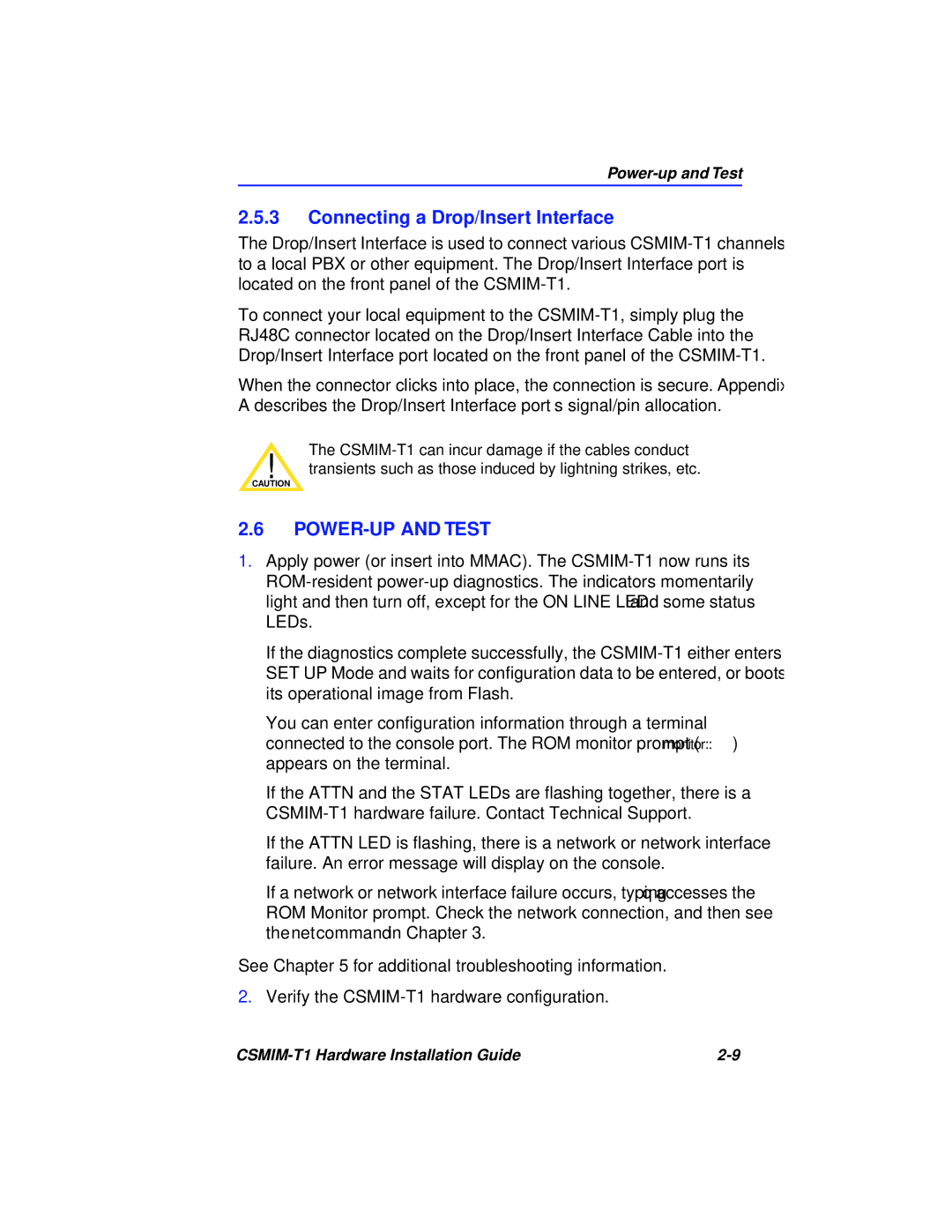 Cabletron Systems CSMIM-T1 manual Connecting a Drop/Insert Interface, POWER-UP and Test 