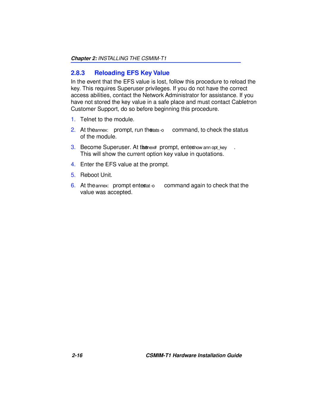 Cabletron Systems CSMIM-T1 manual Reloading EFS Key Value 