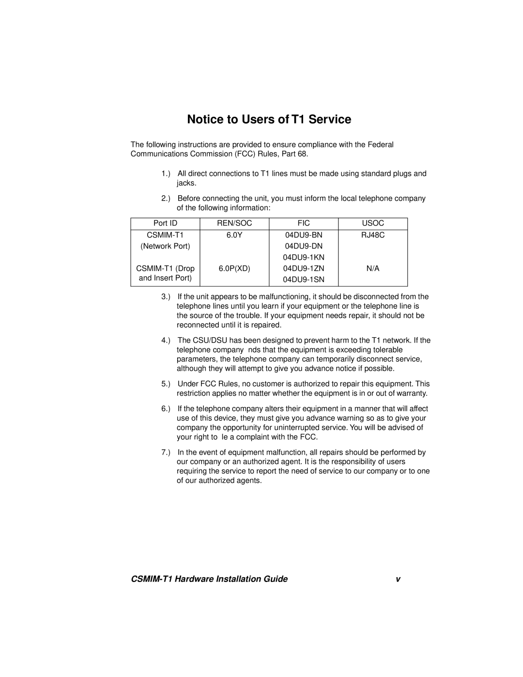 Cabletron Systems manual REN/SOC FIC Usoc CSMIM-T1 