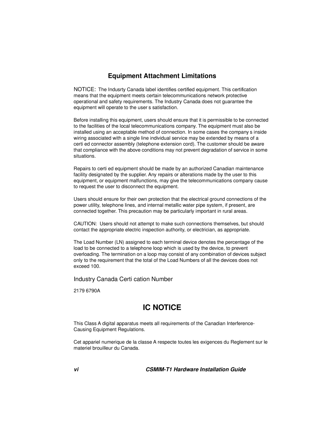 Cabletron Systems CSMIM-T1 manual Equipment Attachment Limitations, Industry Canada Certiﬁcation Number 