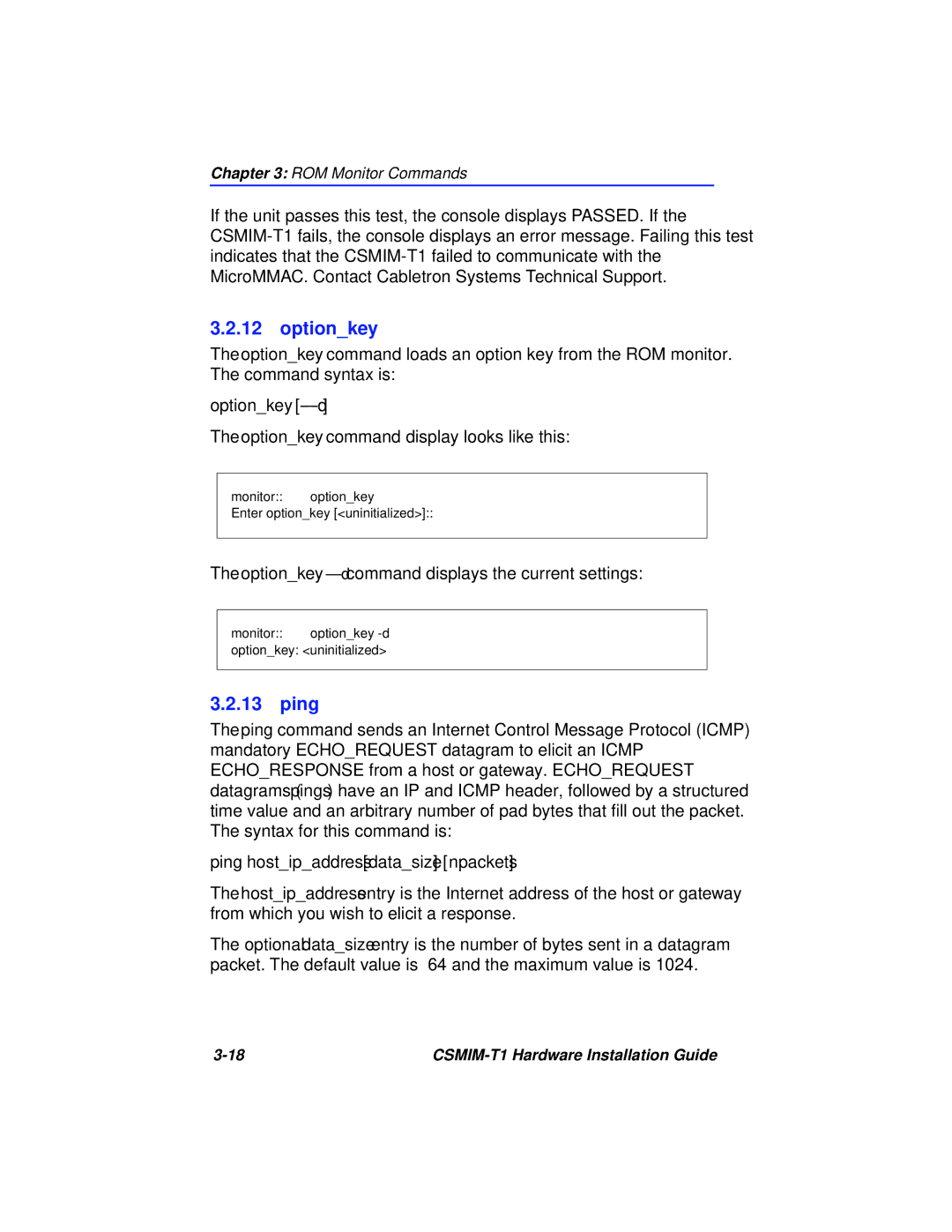 Cabletron Systems CSMIM-T1 manual Ping, Optionkey -d, Optionkey command display looks like this 