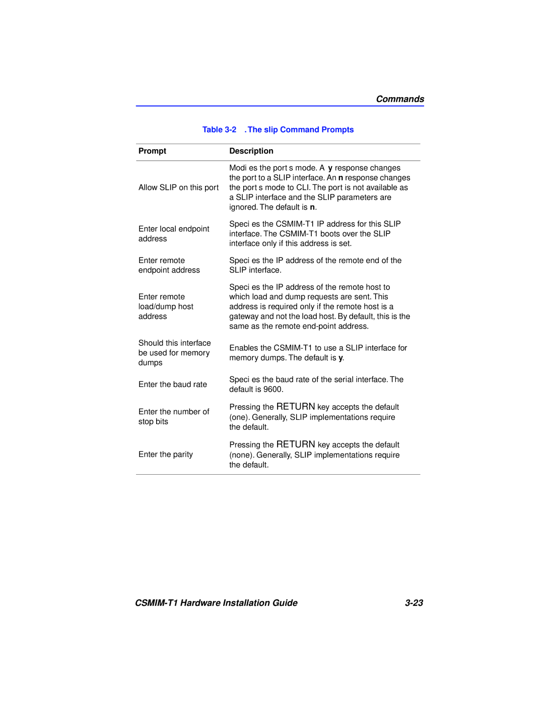 Cabletron Systems CSMIM-T1 manual Slip Command Prompts 