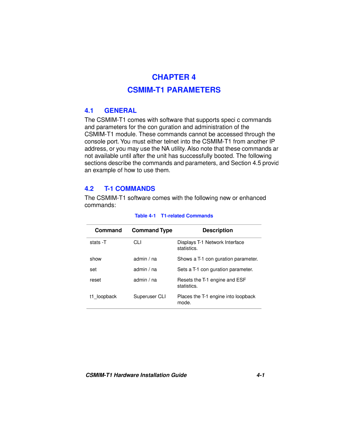 Cabletron Systems CSMIM-T1 manual T-1 Commands, Command Command Type Description 