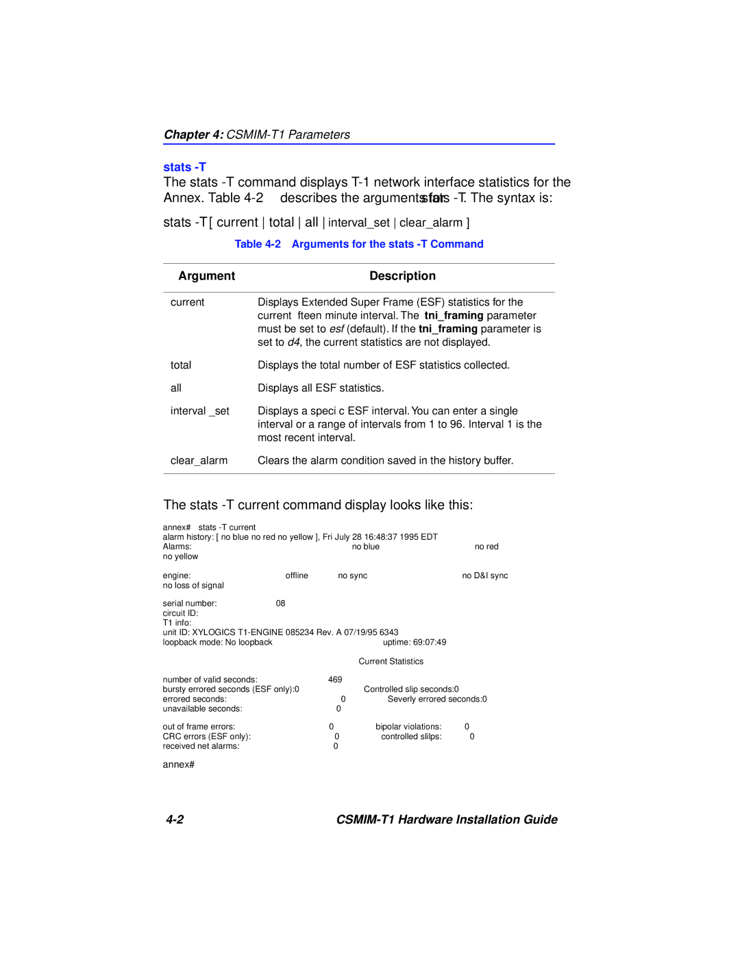 Cabletron Systems CSMIM-T1 manual Stats -T current total all intervalset clearalarm, Argument Description 