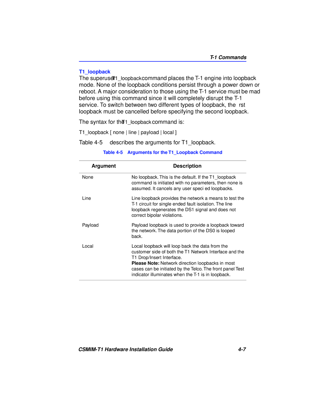 Cabletron Systems CSMIM-T1 manual Describes the arguments for T1loopback, Argument Description 