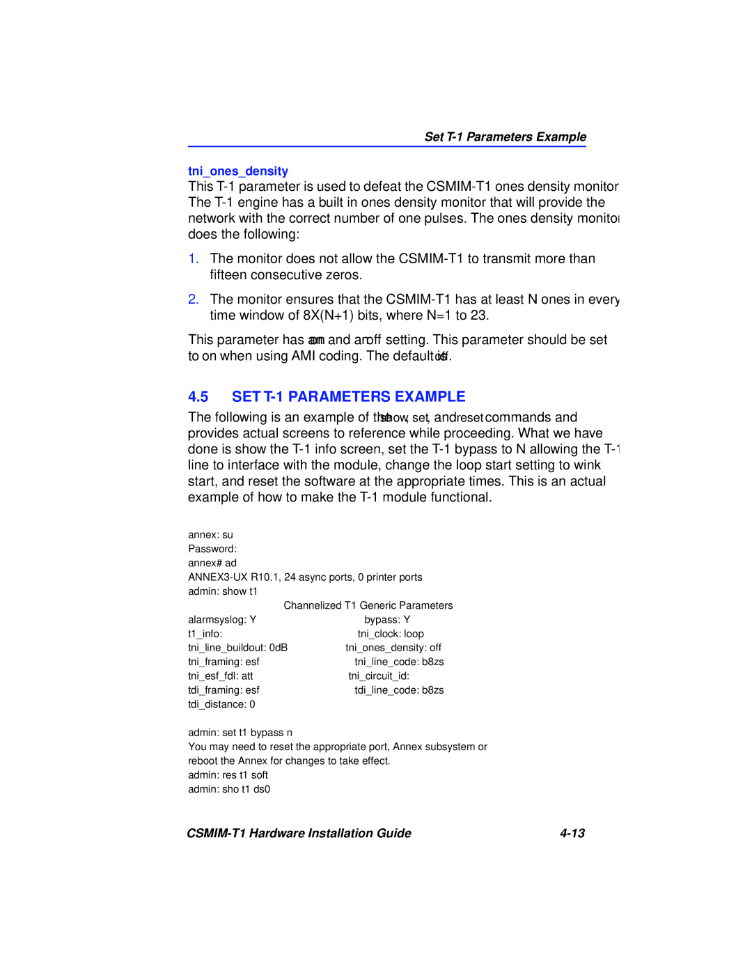 Cabletron Systems CSMIM-T1 manual SET T-1 Parameters Example 