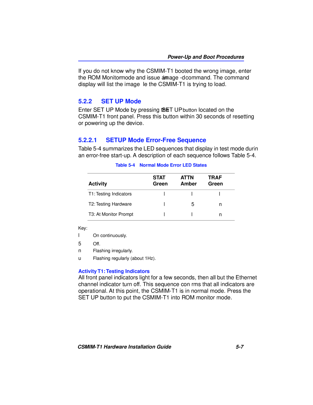 Cabletron Systems CSMIM-T1 manual SET UP Mode, Setup Mode Error-Free Sequence 