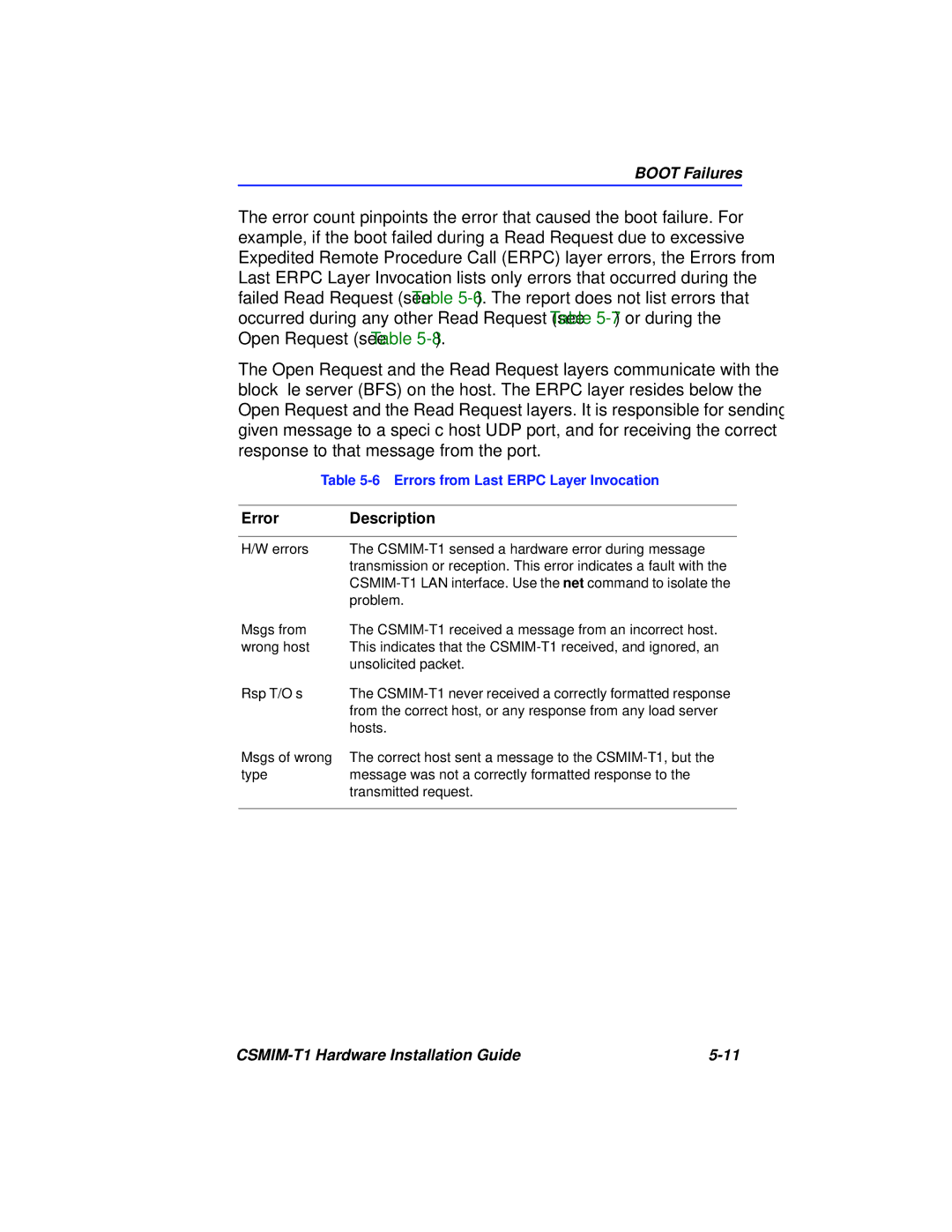 Cabletron Systems manual Error Description, Errors CSMIM-T1 sensed a hardware error during message 