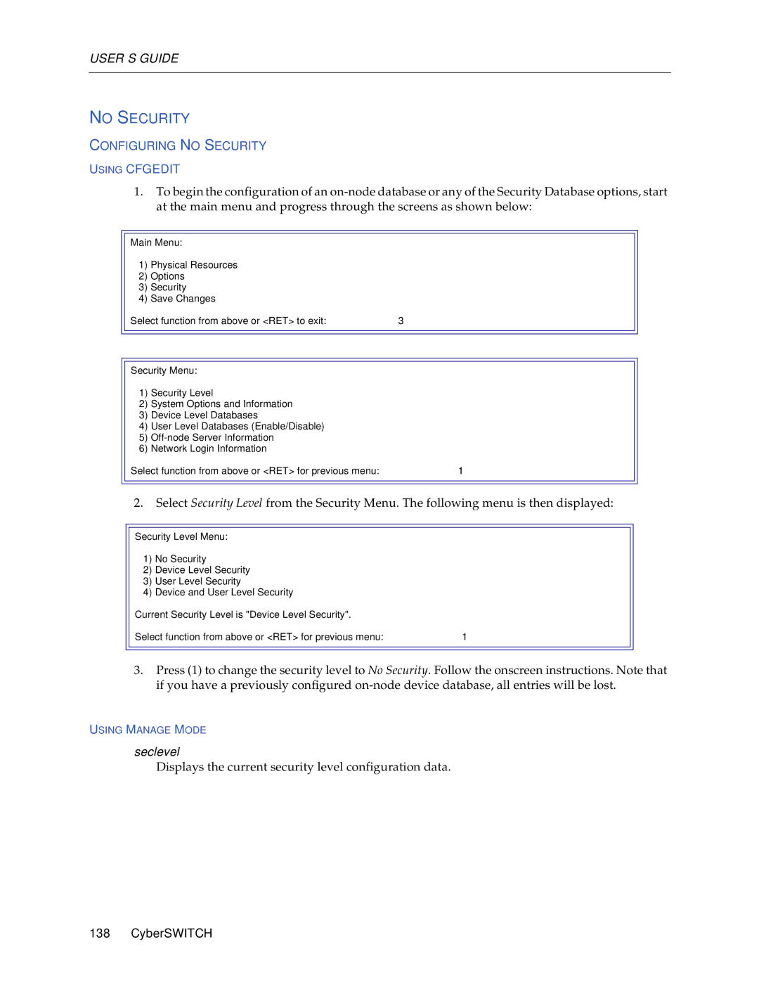 Cabletron Systems CSX1000, CSX1200 manual No Security, Configuring no Security Using Cfgedit 