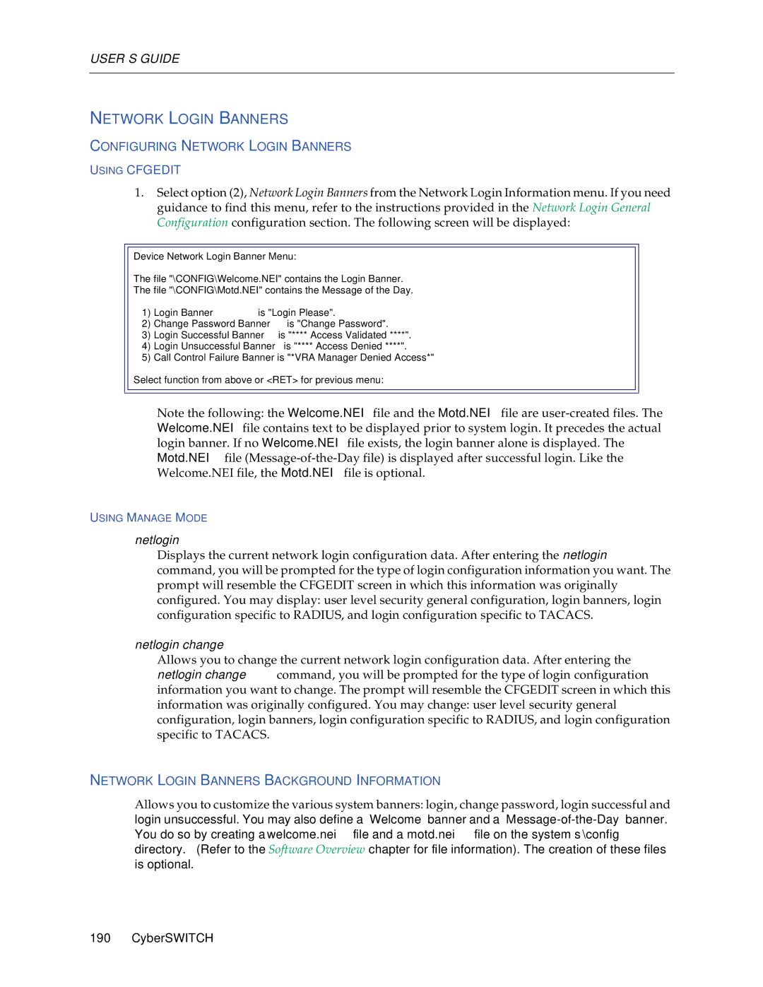 Cabletron Systems CSX1000, CSX1200 manual Configuring Network Login Banners Using Cfgedit 