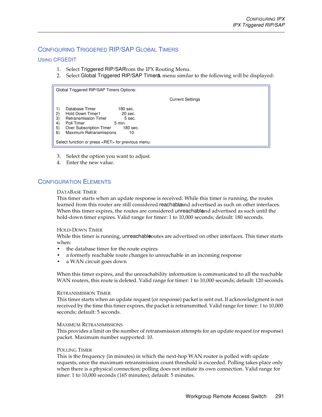 Cabletron Systems CSX1200, CSX1000 manual Configuring Triggered RIP/SAP Global Timers Using Cfgedit, Configuration Elements 