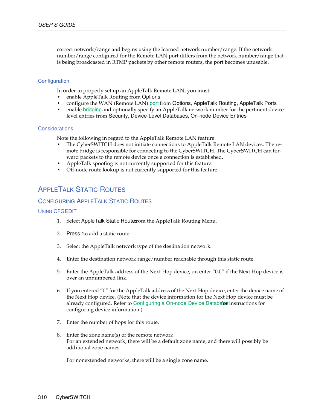 Cabletron Systems CSX1000, CSX1200 manual Appletalk Static Routes, Configuration, Considerations 