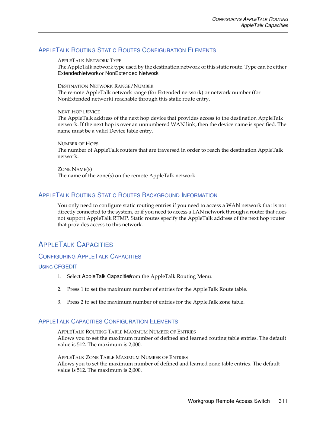 Cabletron Systems CSX1200, CSX1000 manual Appletalk Capacities, Appletalk Routing Static Routes Configuration Elements 