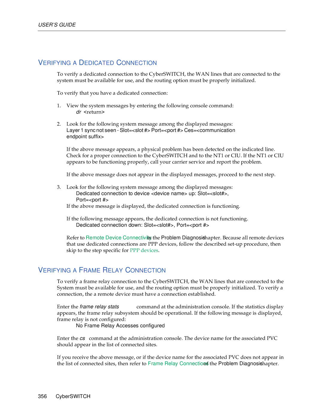 Cabletron Systems CSX1000, CSX1200 manual Verifying a Dedicated Connection, Verifying a Frame Relay Connection 