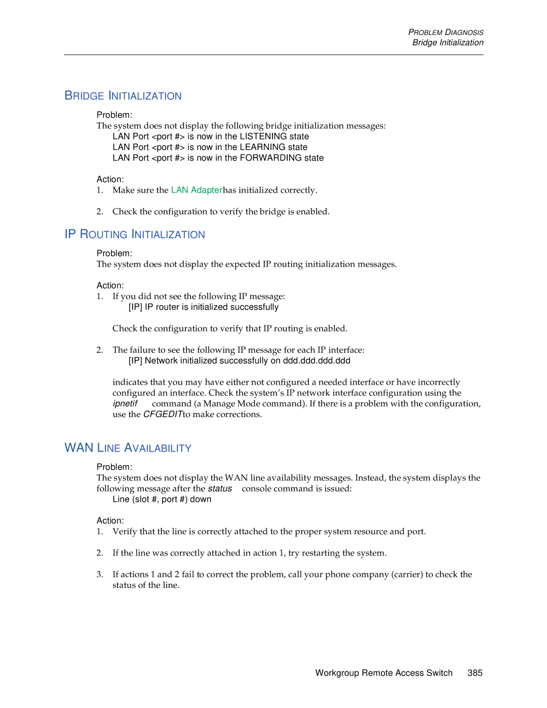 Cabletron Systems CSX1200, CSX1000 manual Bridge Initialization, IP Routing Initialization, WAN Line Availability 