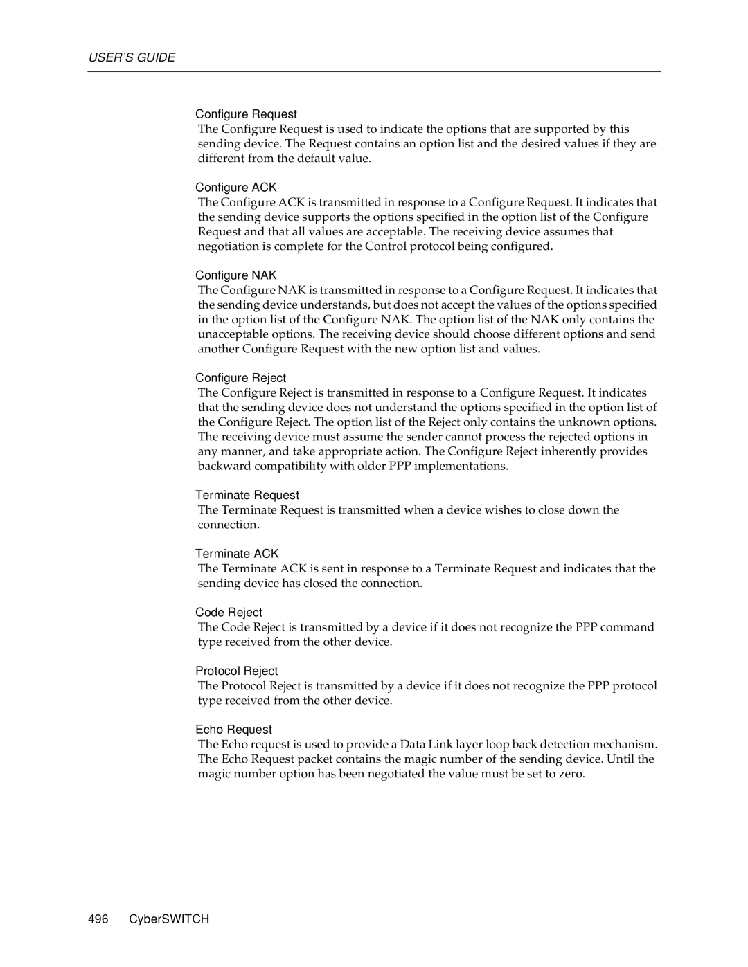 Cabletron Systems CSX1000, CSX1200 Configure Request, Configure ACK, Configure NAK, Configure Reject, Terminate Request 