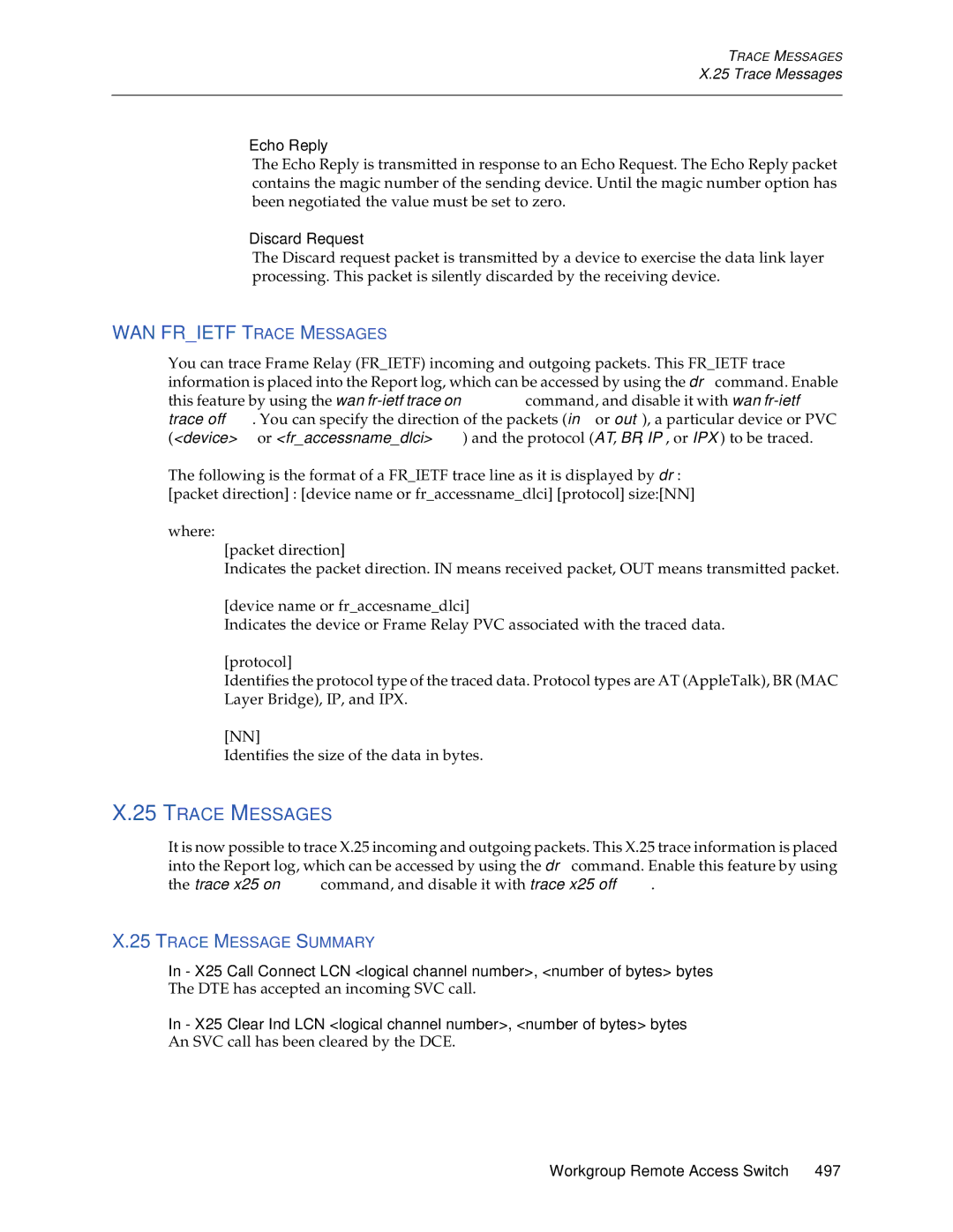 Cabletron Systems CSX1200, CSX1000 manual Trace Messages, Echo Reply, Discard Request, Trace Message Summary 