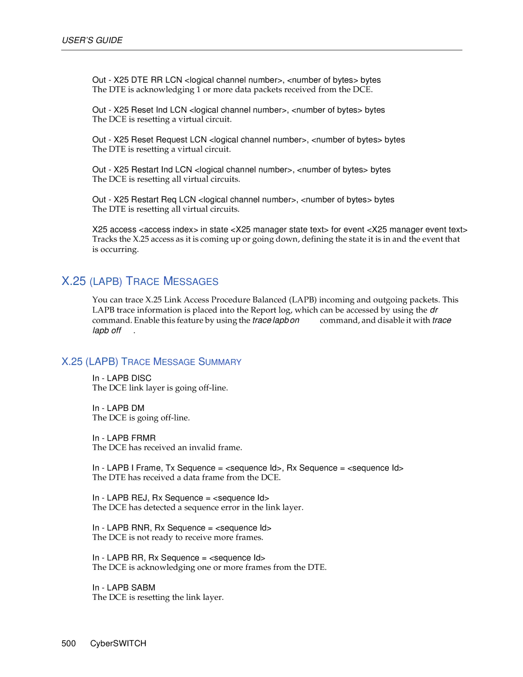 Cabletron Systems CSX1000, CSX1200 manual Lapb Trace Messages, Lapb Trace Message Summary 