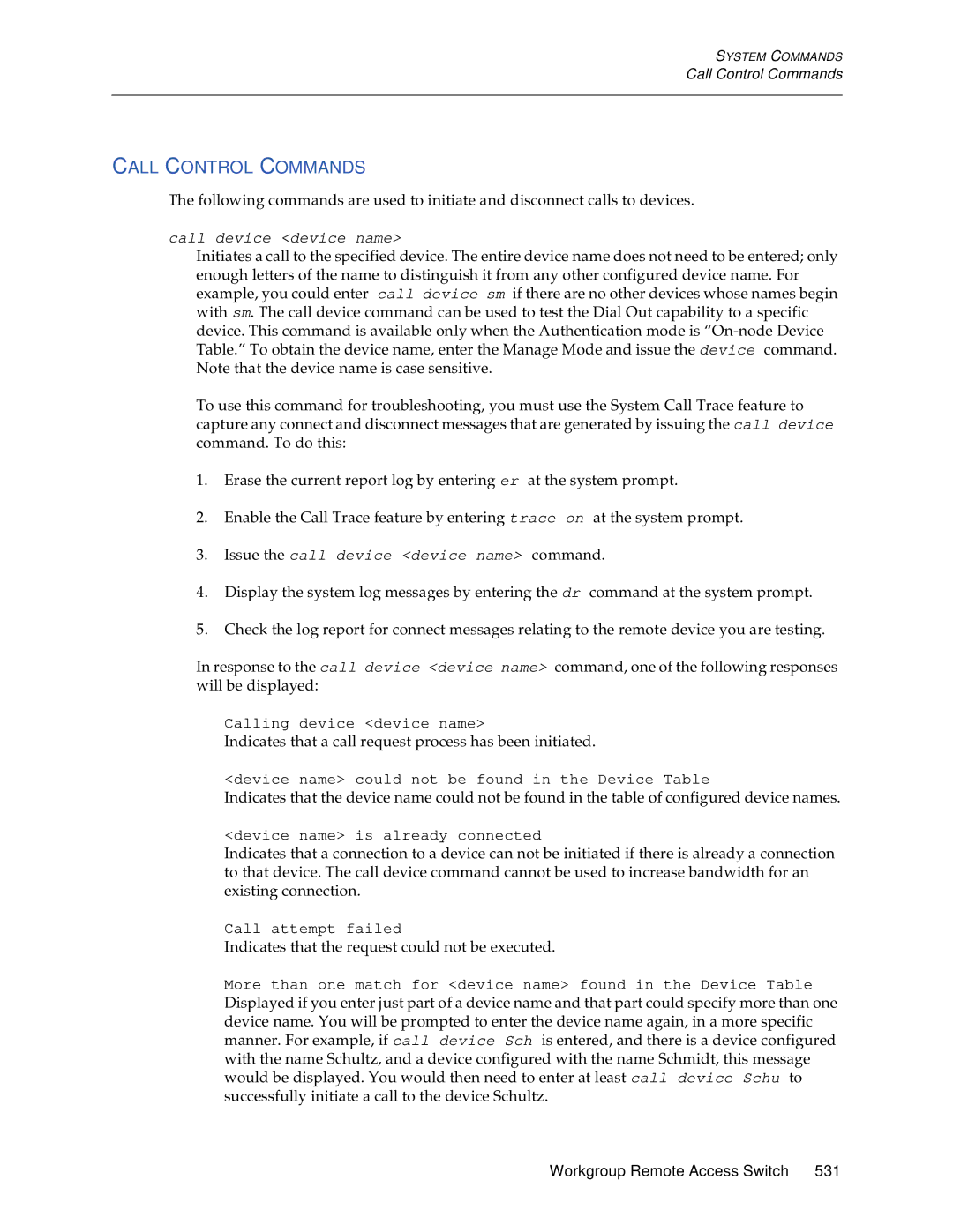 Cabletron Systems CSX1200, CSX1000 manual Call Control Commands 