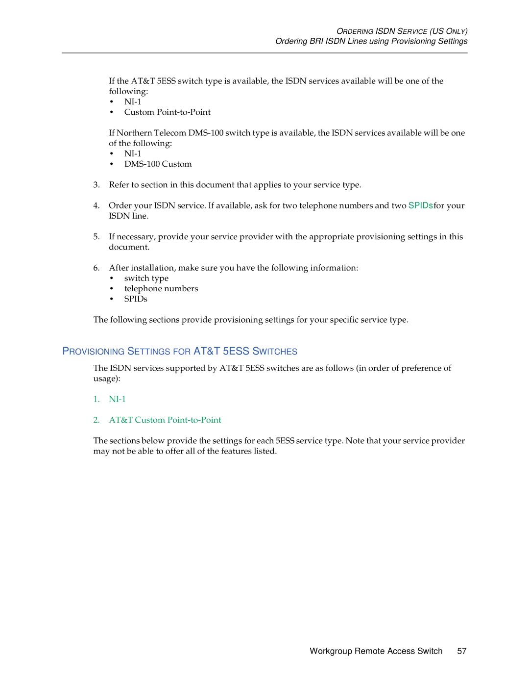 Cabletron Systems CSX1200, CSX1000 manual Provisioning Settings for AT&T 5ESS Switches, NI-1 AT&T Custom Point-to-Point 