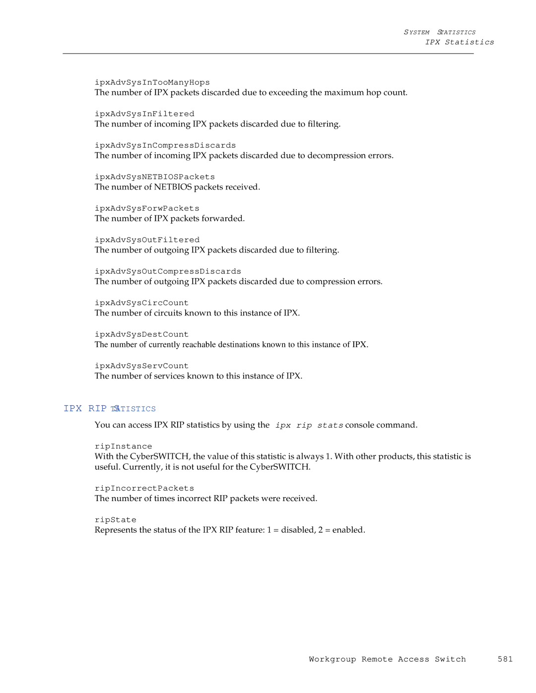 Cabletron Systems CSX1200, CSX1000 manual IPX RIP Statistics 