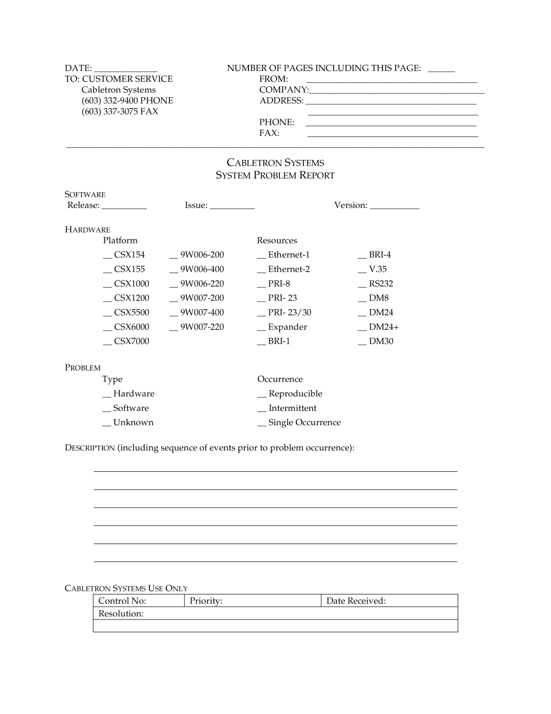 Cabletron Systems CSX1200, CSX1000 manual Number of Pages Including this, To Customer Service From 