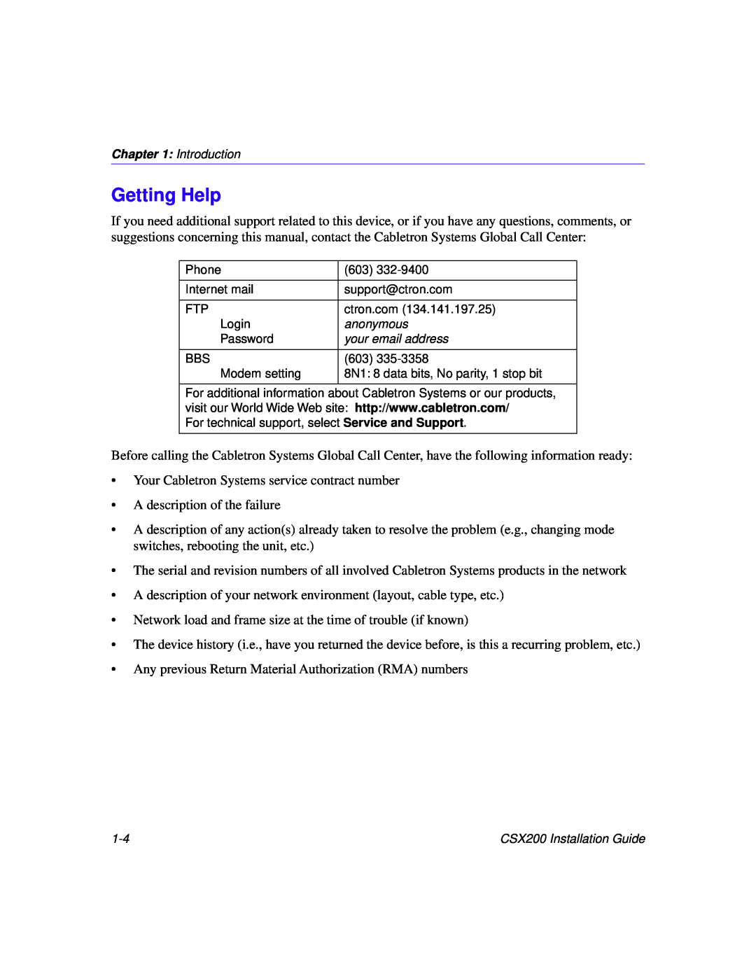 Cabletron Systems CSX200 manual Getting Help 