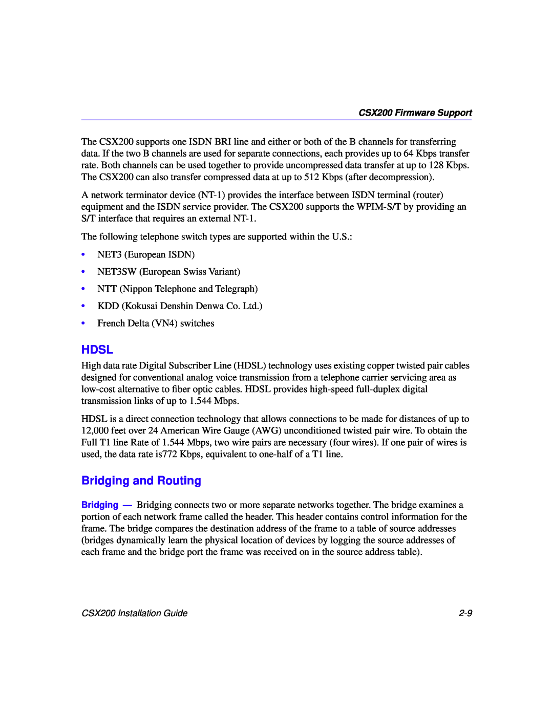 Cabletron Systems CSX200 manual Hdsl, Bridging and Routing 