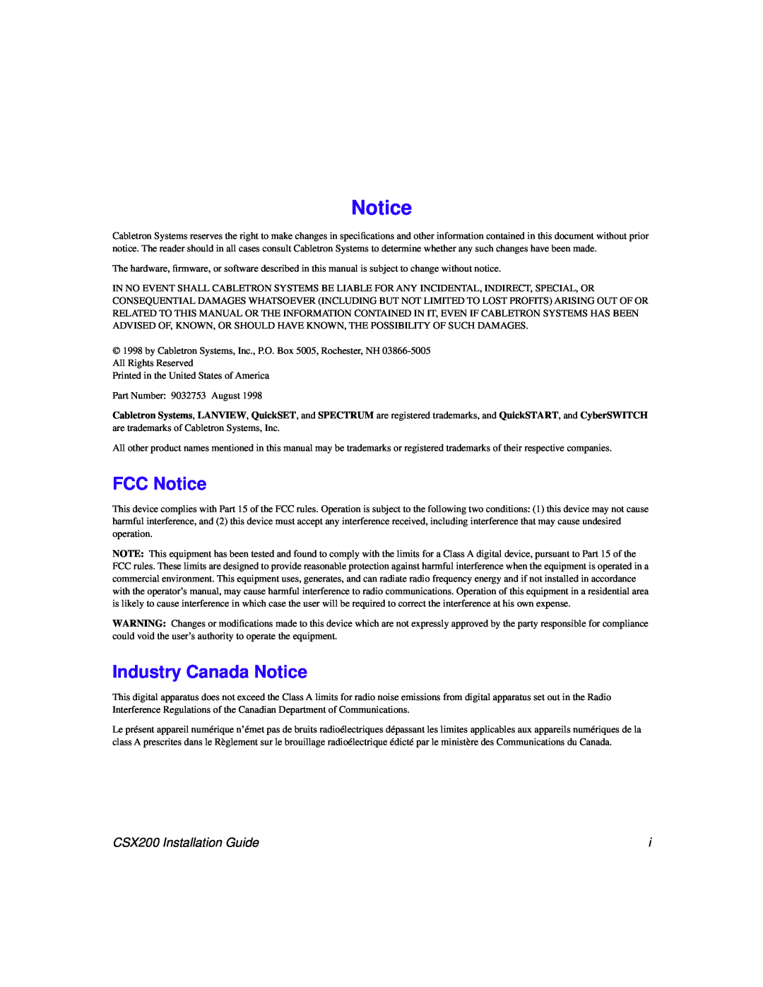 Cabletron Systems manual FCC Notice, Industry Canada Notice, CSX200 Installation Guide 