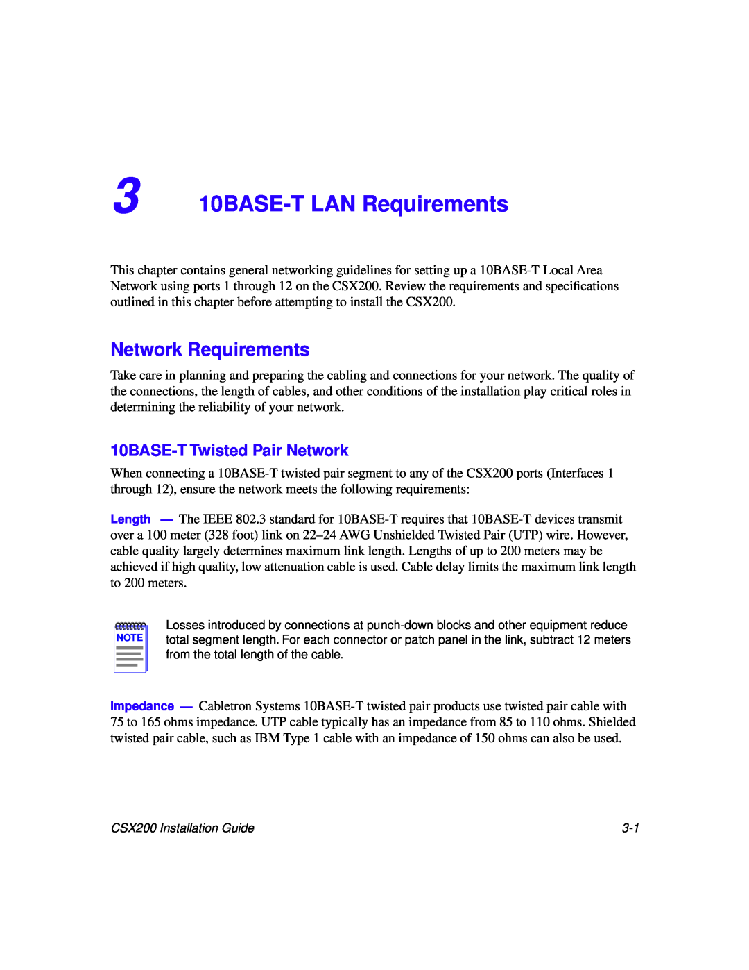 Cabletron Systems CSX200 manual 10BASE-T LAN Requirements, Network Requirements, 10BASE-T Twisted Pair Network 