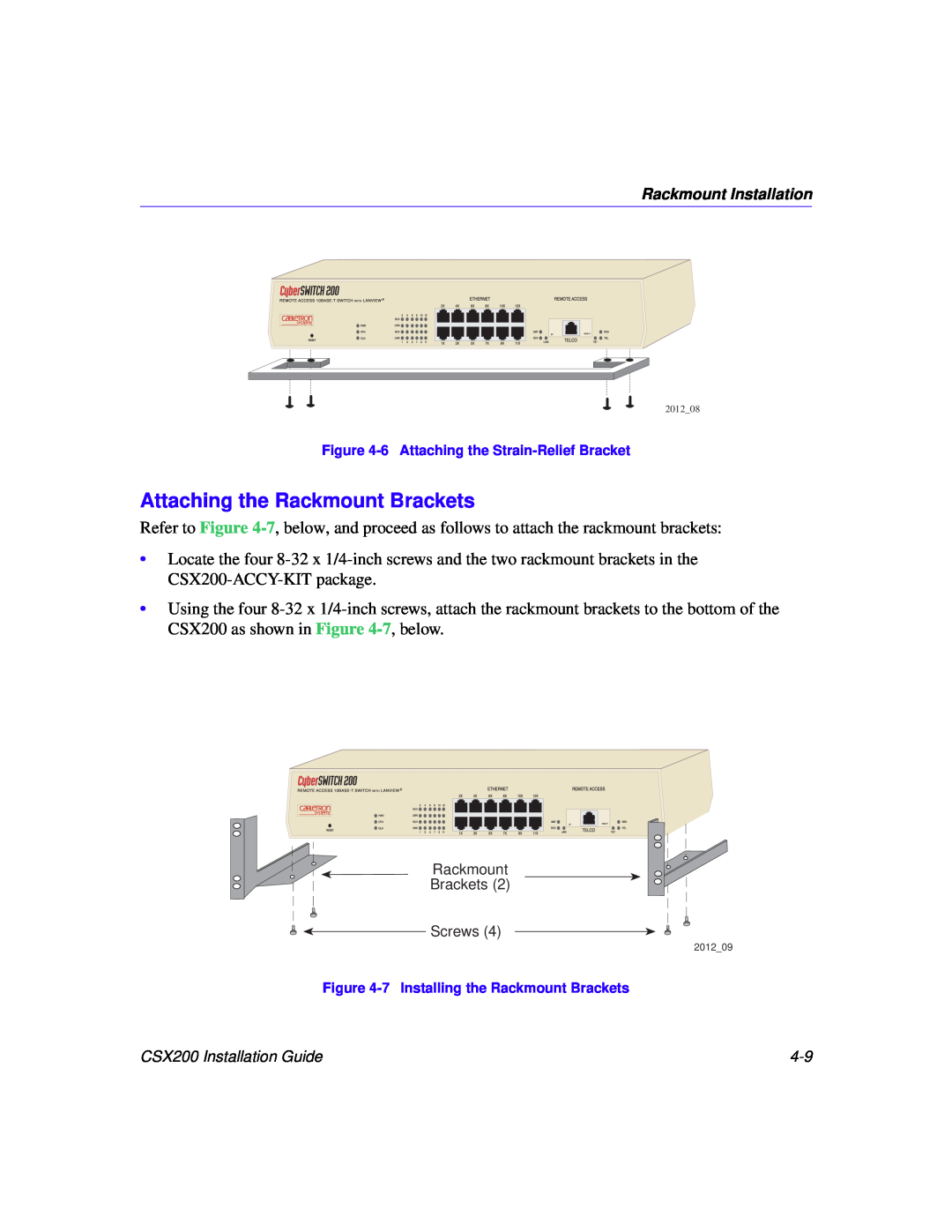 Cabletron Systems CSX200 manual Attaching the Rackmount Brackets, Rackmount Brackets Screws 