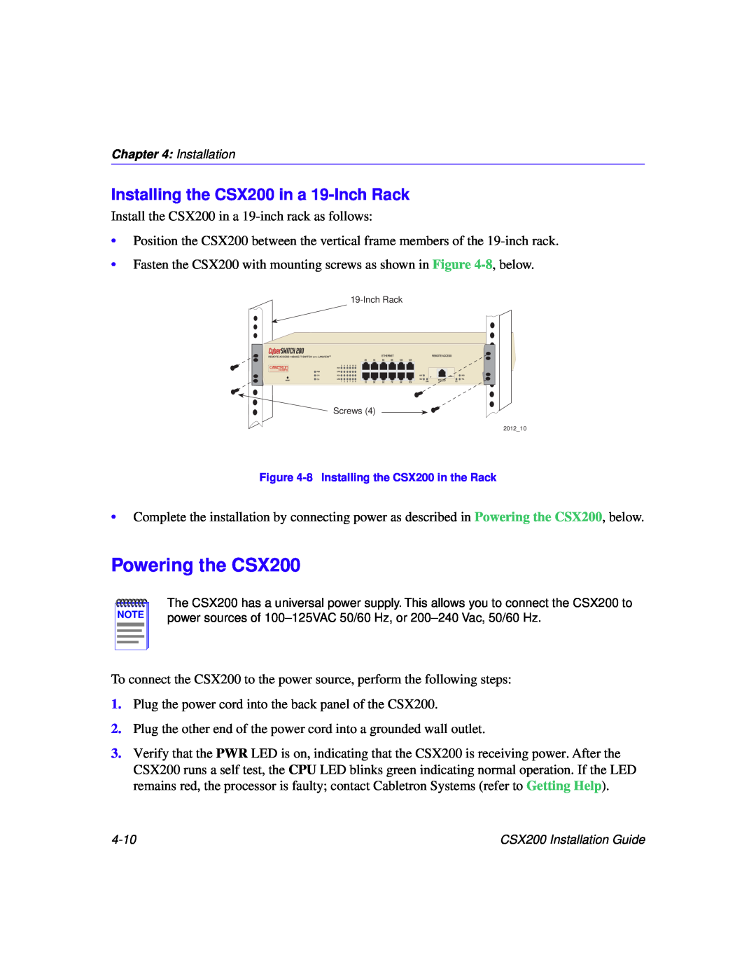 Cabletron Systems manual Powering the CSX200, Installing the CSX200 in a 19-Inch Rack 