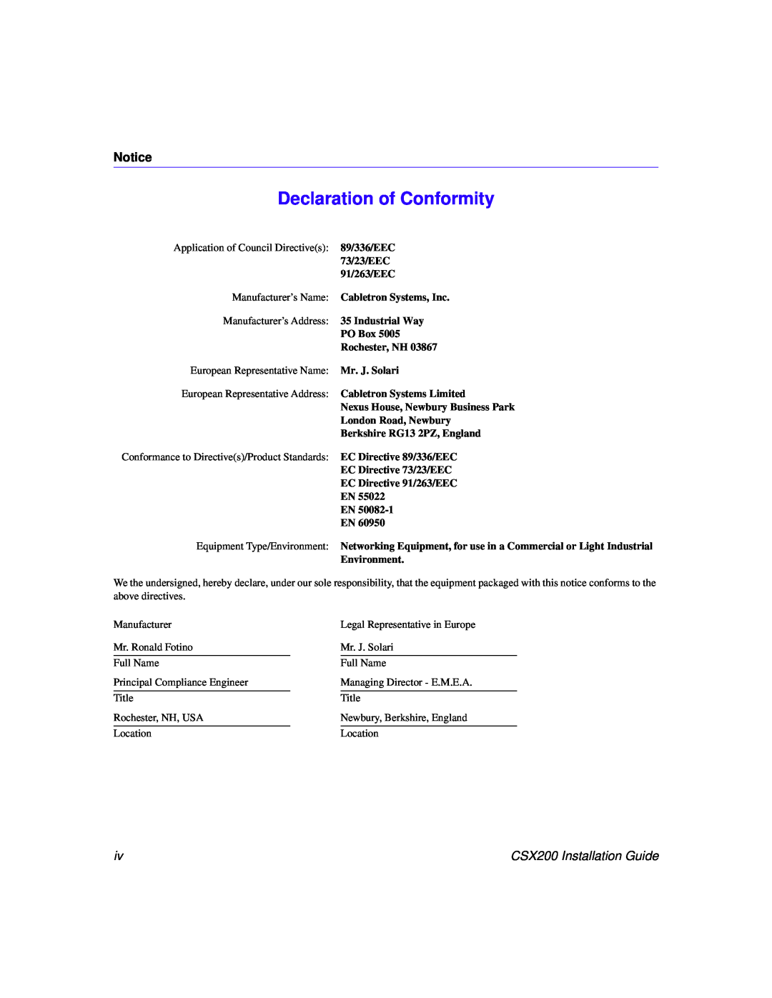 Cabletron Systems manual Declaration of Conformity, CSX200 Installation Guide 