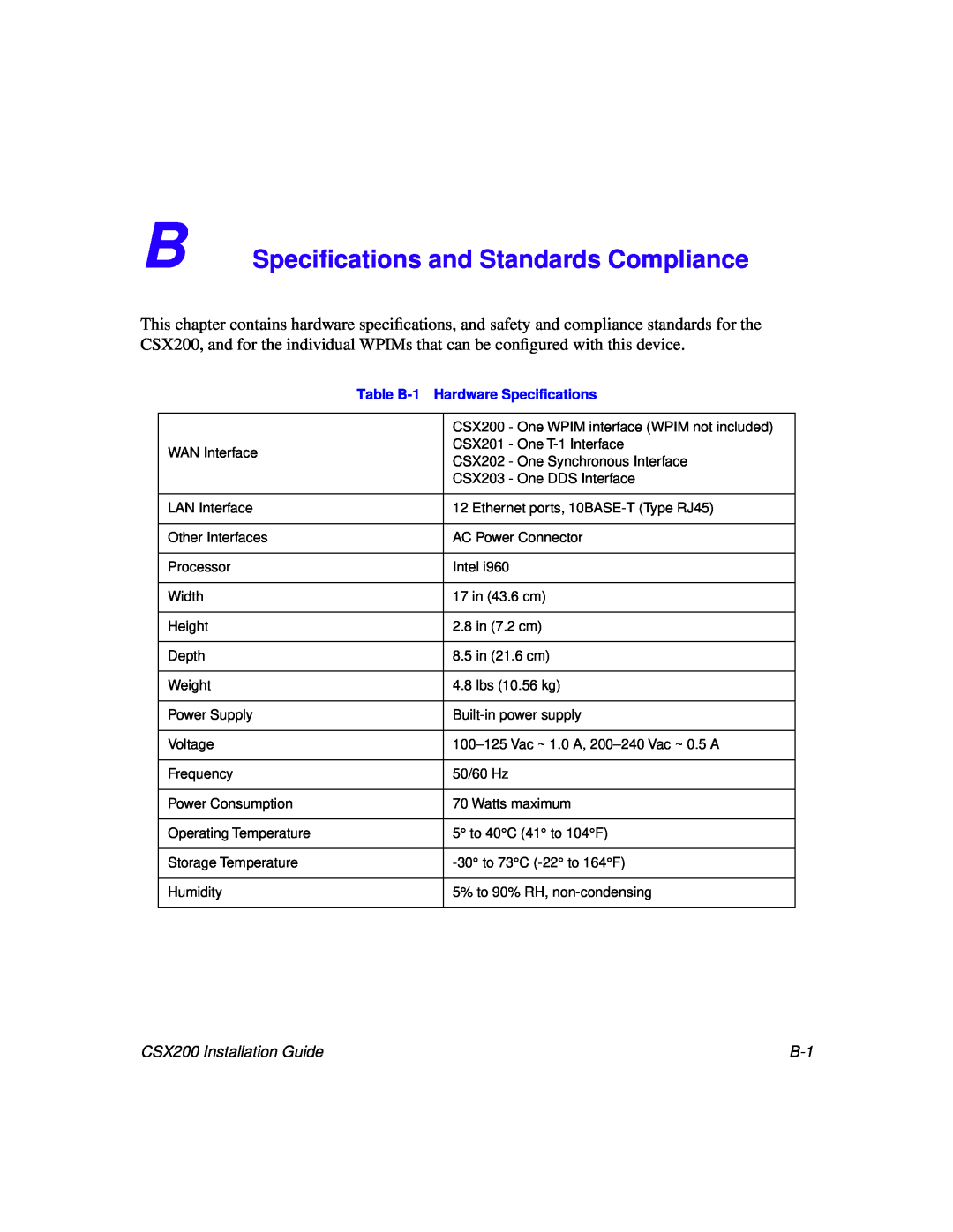 Cabletron Systems manual B Speciﬁcations and Standards Compliance, CSX200 Installation Guide 