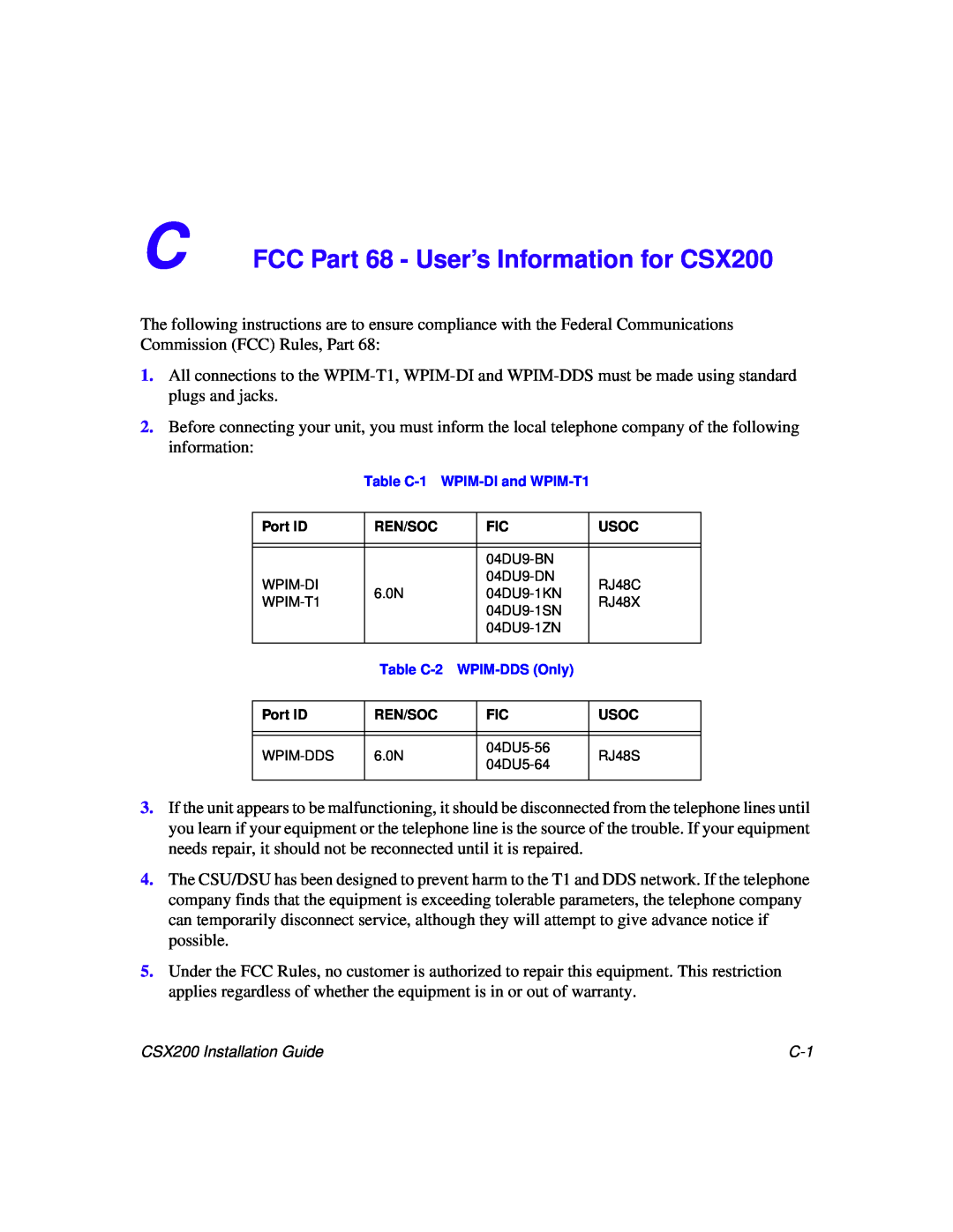 Cabletron Systems C FCC Part 68 - User’s Information for CSX200, Table C-1 WPIM-DI and WPIM-T1, Table C-2 WPIM-DDS Only 