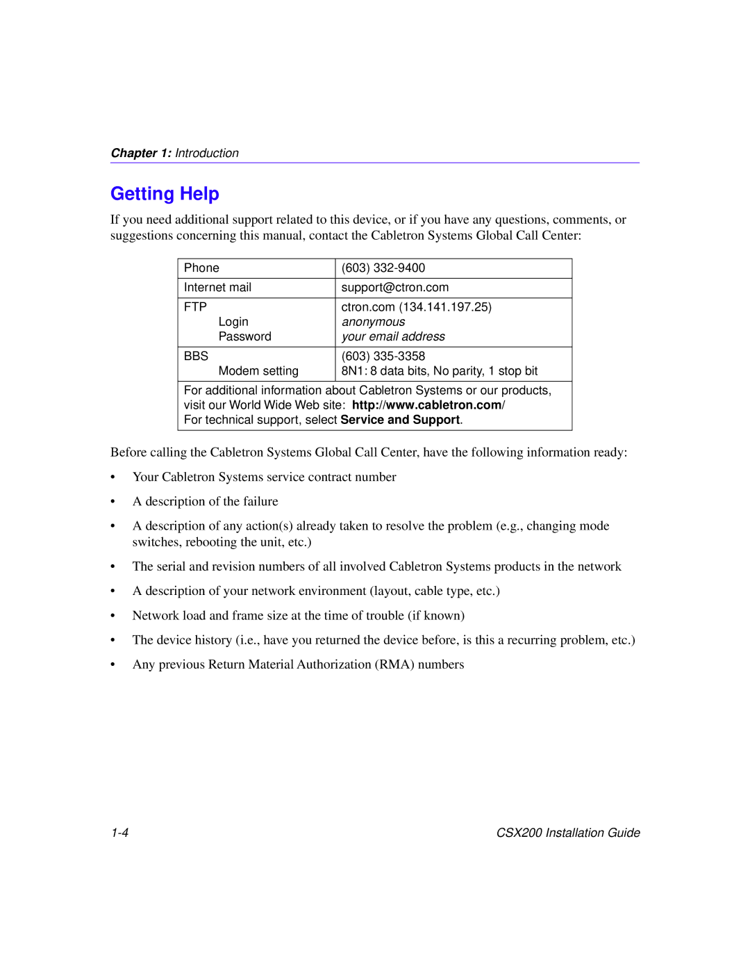 Cabletron Systems CSX200 manual Getting Help, Your email address 