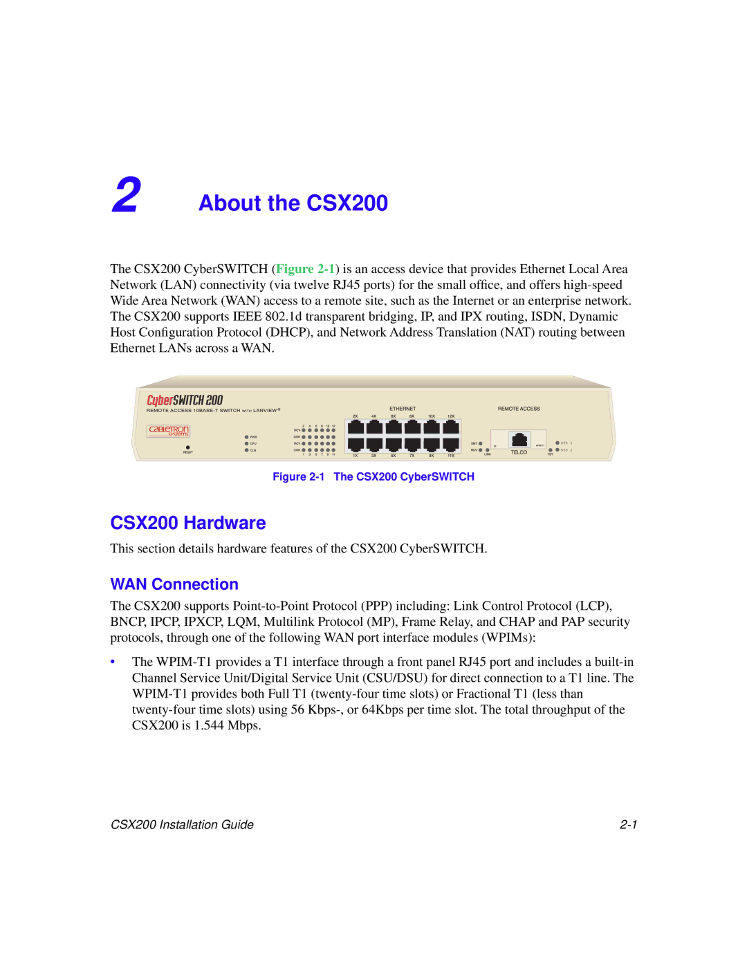 Cabletron Systems manual CSX200 Hardware, WAN Connection 