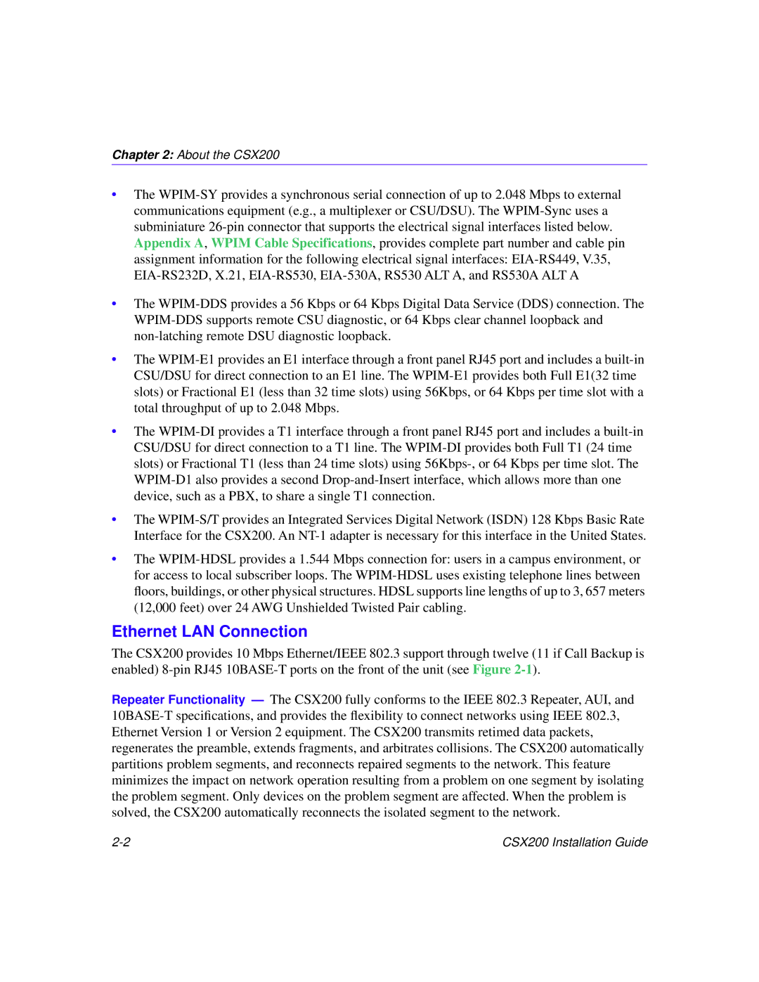 Cabletron Systems CSX200 manual Ethernet LAN Connection 