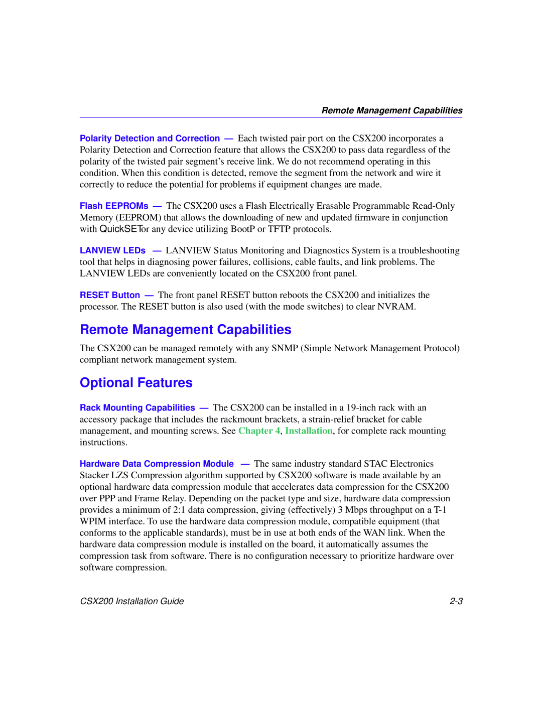 Cabletron Systems CSX200 manual Remote Management Capabilities, Optional Features 