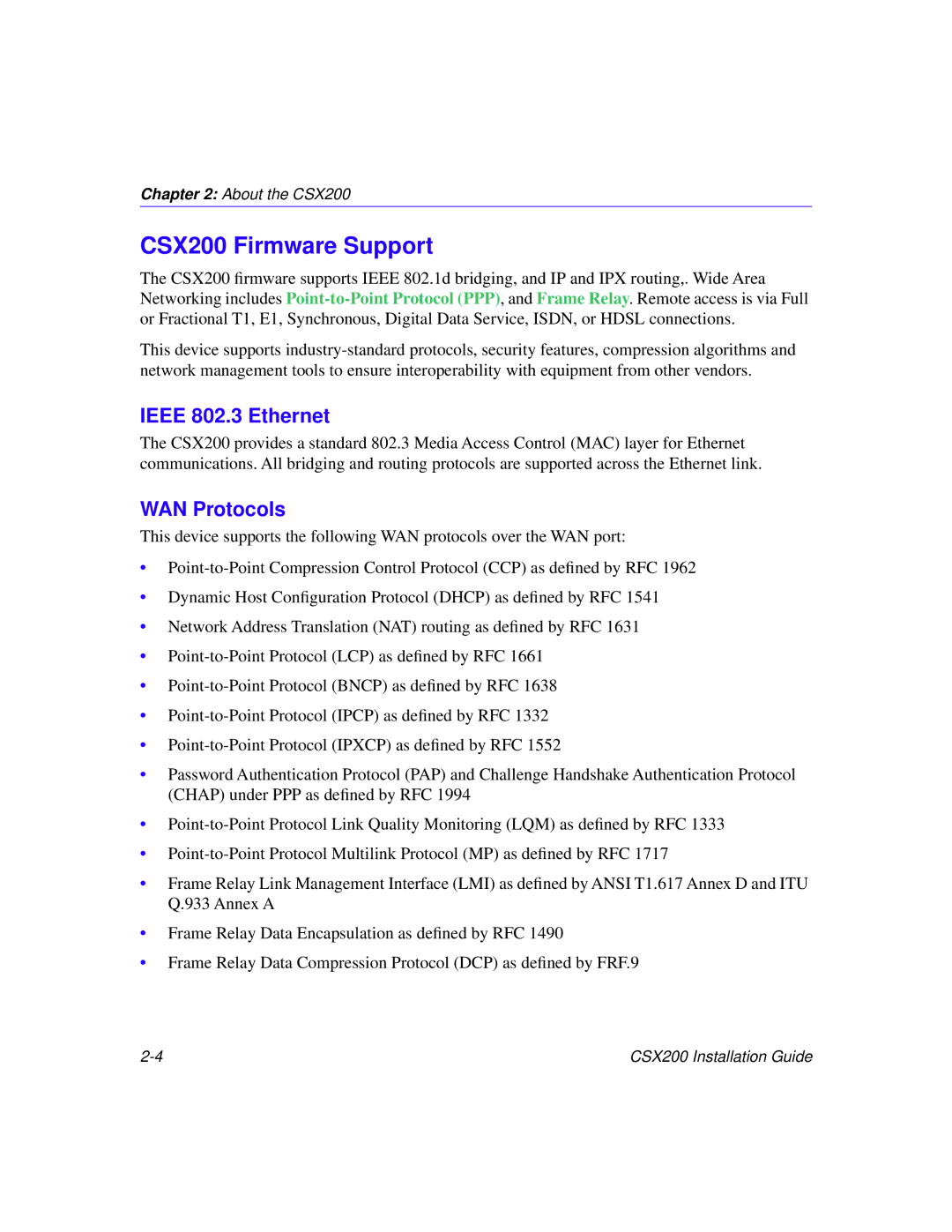 Cabletron Systems manual CSX200 Firmware Support, Ieee 802.3 Ethernet, WAN Protocols 