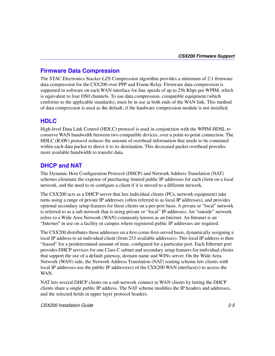 Cabletron Systems CSX200 manual Firmware Data Compression, Dhcp and NAT 