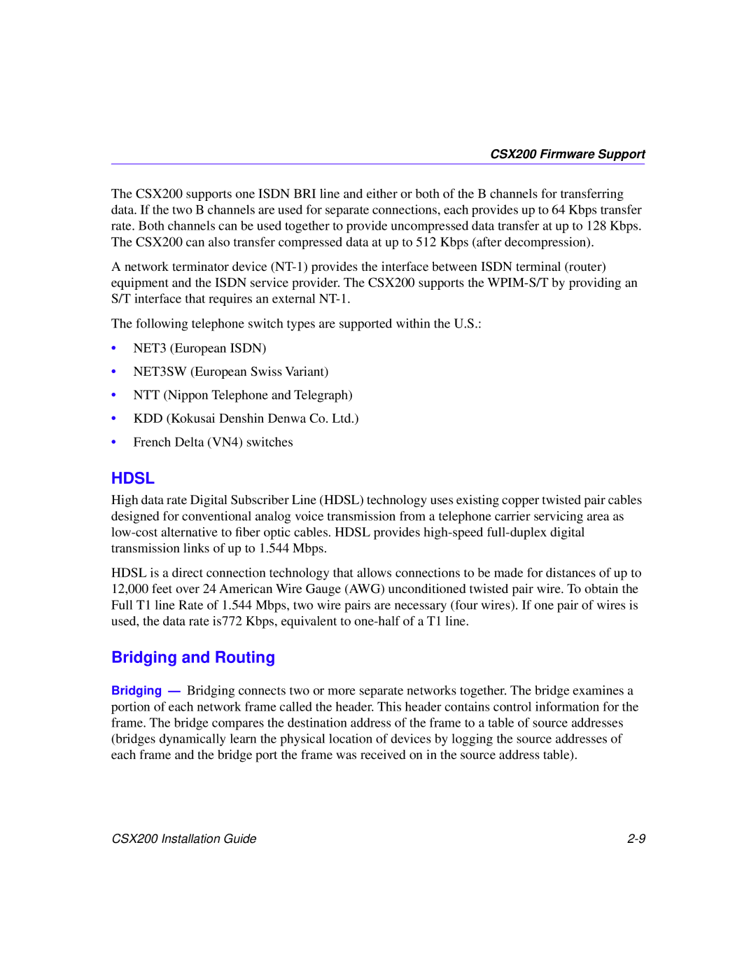 Cabletron Systems CSX200 manual Hdsl, Bridging and Routing 