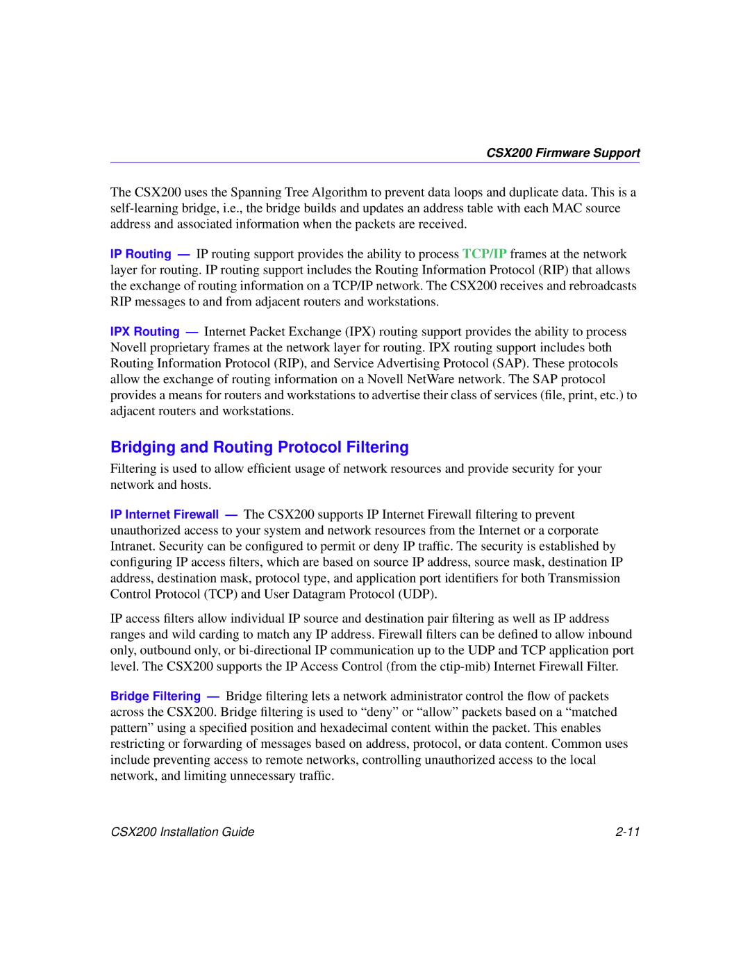 Cabletron Systems CSX200 manual Bridging and Routing Protocol Filtering 